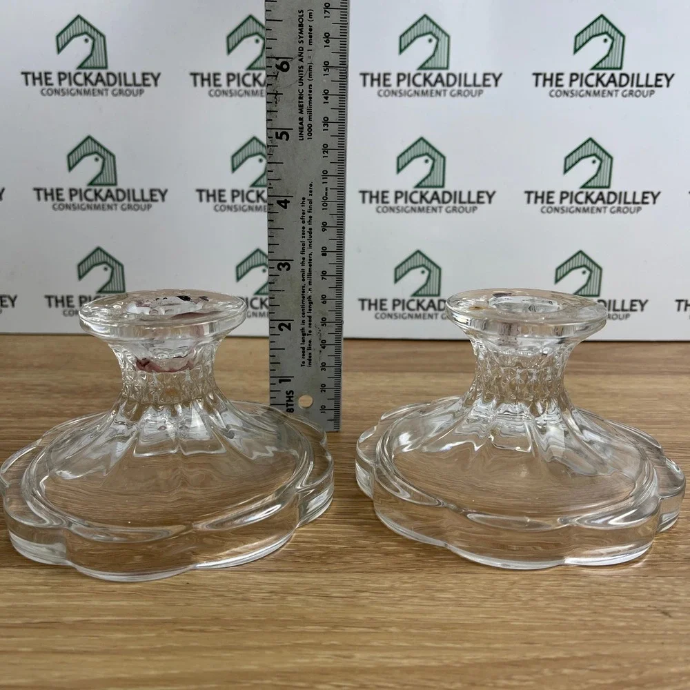 Vintage Clear Pressed Glass Scalloped Petal Taper Candlestick Holders Pair 3in